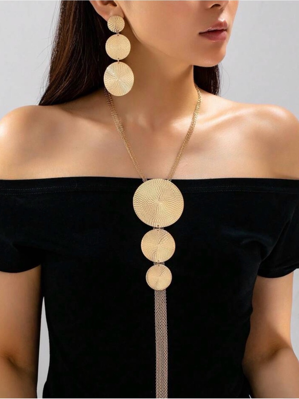Gold Disc Drop Necklace and Earring Set - Elegant Women Jewelry